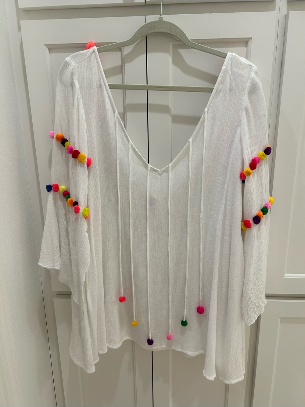 Sundress White Multicolor Pom-Pom V-Neck Swim Cover Up